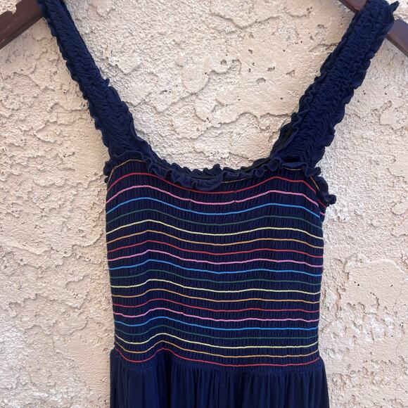 ModCloth Jersey Smocked Jumpsuit Rainbow Print Navy Blue Size Small - Picture 3 of 6